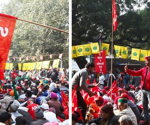  At Parliament Street. On the screens (left), the farmers can see and hear the speeches of the organisers and political leaders.  

