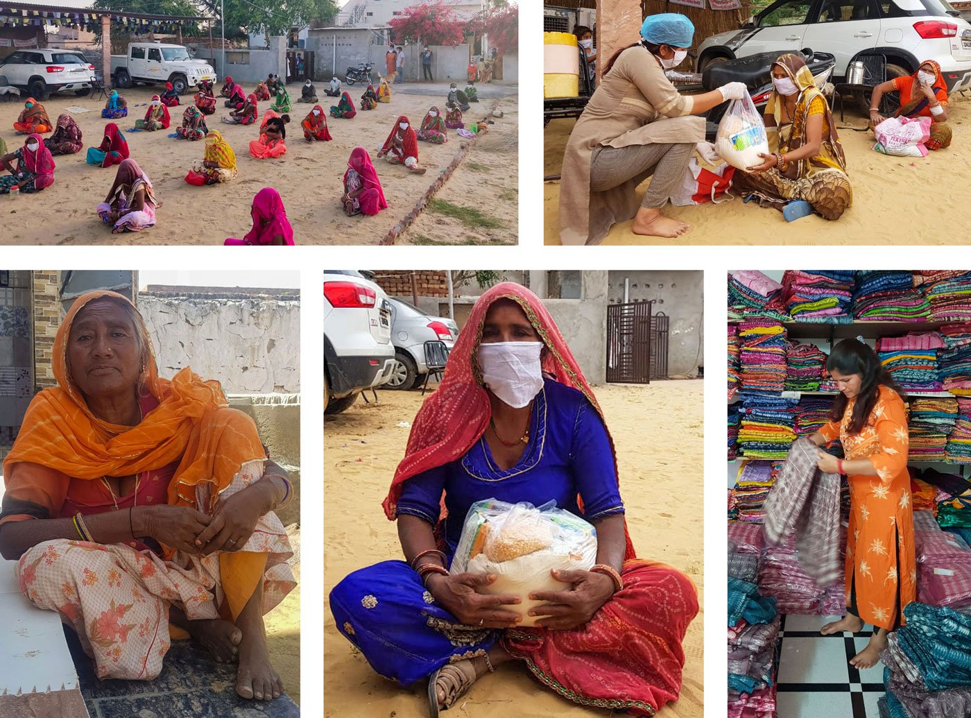 'The last meal I ate was 24 hours ago. I am very hungry', says Chandi Devi (bottom row left). She and 400 shibori artisans including Parmeshwari (top right) and Durga Devi (bottom row middle) are linked to Disha Skekhawati, an NGO in Sujangarh, Rajasthan. Bottom right:Founder Amrita Choudhary says, 'Ninety per cent of the artisans are daily wage labourers and have no savings to fall back on' 

