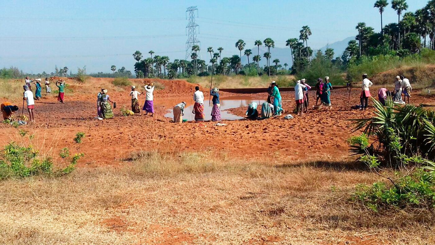 Labourers in MGNREGA work sites constructing embankments for a pond (rain water harvesting sheds) on the outskirts of Munagapaka village 