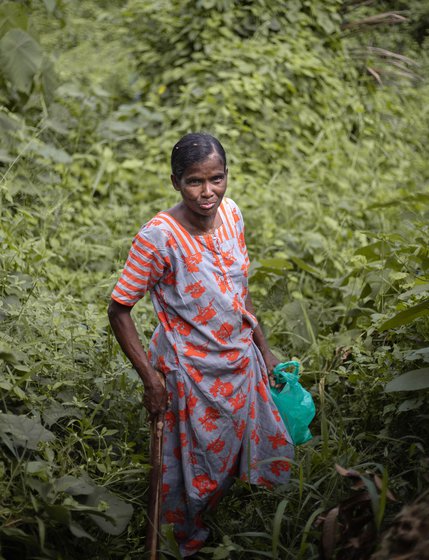 Armed with a stick and a plastic bag, Thankamma searches for coconuts in overgrown plots.