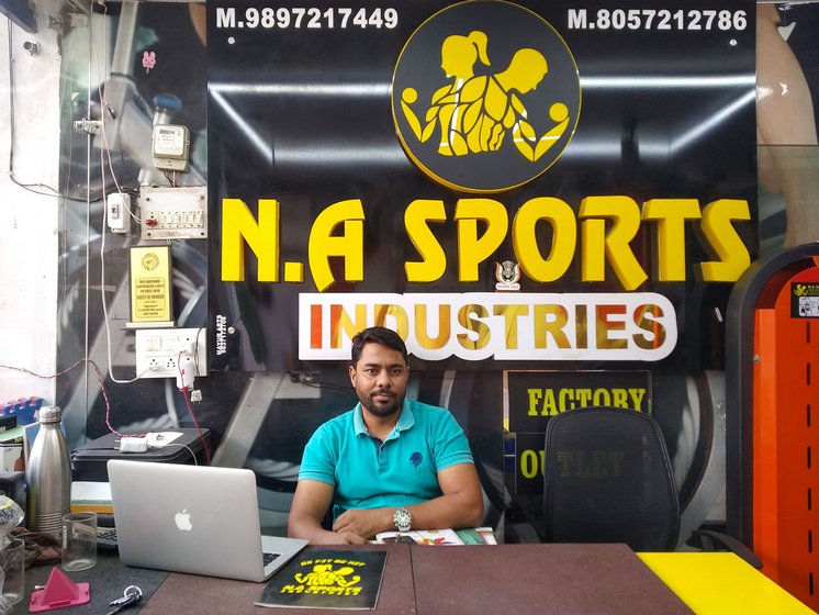 Left: Mohammad Saqib at their rented gym equipment showroom on Suraj Kund Road in Meerut city .