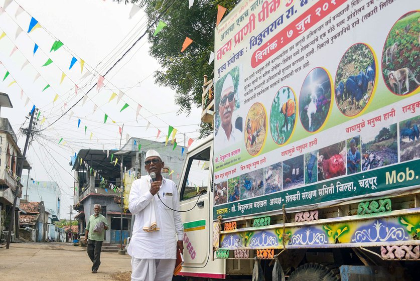 Vitthal Badkhal on a campaign trail in Chandrapur in October 2023. He is fondly known as ‘Dukkarwale mama ’ – ran-dukkar in Marathi means wild-boar. He has started a relentless crusade against the widespread menace on farms of wild animals, particularly wild boars. His mission is to make the government acknowledge the problem, compensate and resolve it.