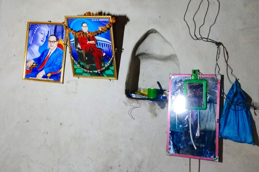 Left: Dr. B. R. Ambedkar looks down from the wall of Savita Devi’s mud house in Checharia village. The village has been celebrating Ambedkar Jayanti for the last couple of years.