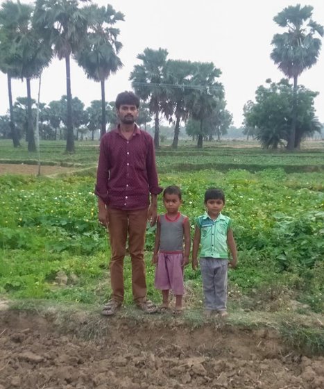 Left: Arun and Sabita Paswan and their children in Varanasi before the lockdown. Right: Kameshwar Yadav with his son and nephew in Ghatera