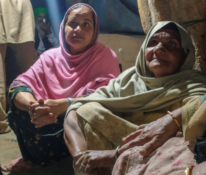 Left: Women from Surewala village in Haryana getting ready for the Republic Day tractor parade. Centre: Listening to speeches at the main stage. Right: Raj Kaur Bibi (here with her daughter-in-law at the Tikri border, says, 'The government will see the strength of women on January 26'