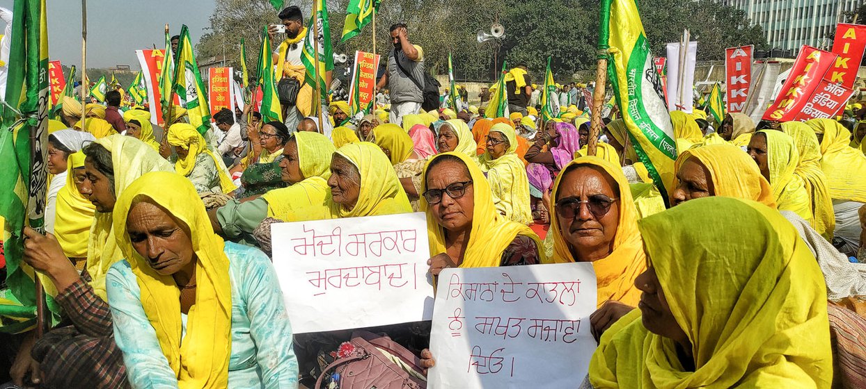 Women farmers formed a large part of the gathering. 'We had come to the Tikri border during the year-long protests three years ago [2020-21]...We will come again if we have to'