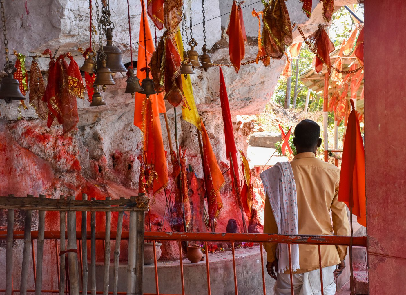 The cave on the mountain where pahans, traditional priests of the Adivasis, from Anjan village perform puja