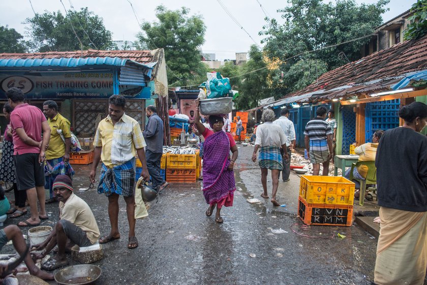 My mother carrying a load of fish around the market to sell.