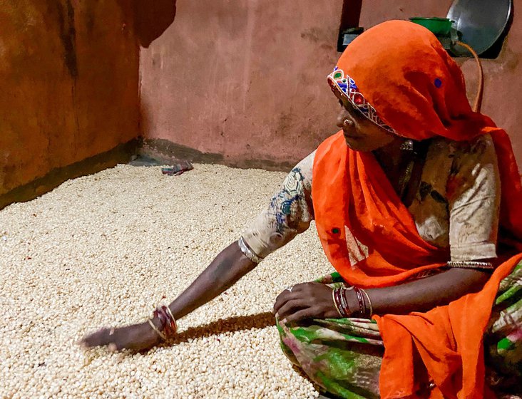 Seated on the cool floor of her brick home, Gopli is checking the corn (maize) kernels spread out to dry.