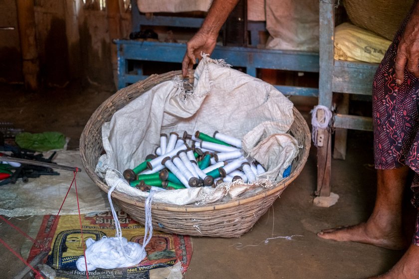 Right: Bundles of yarns to be used for weaving