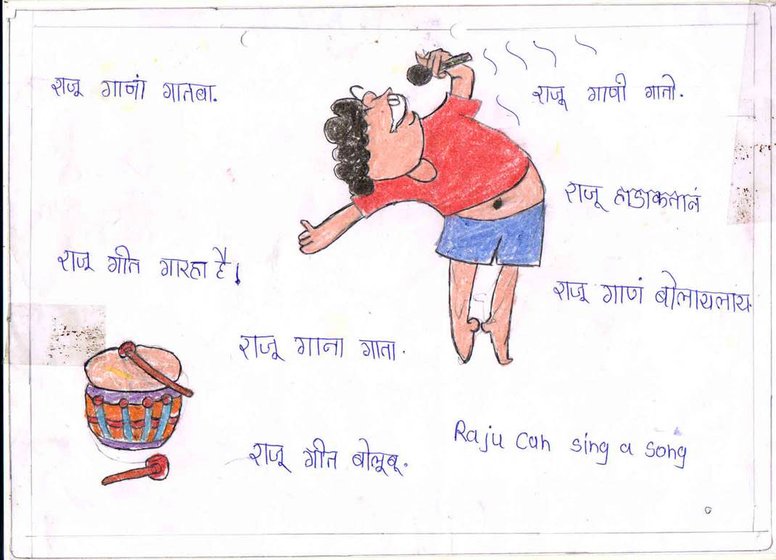 Left: The zilla parishad school in Vaishet that Raghu and Sunny attend, where half of the students are children of migrant parents. Right: At the government-aided Sudhagad Education Society in Kurul village, students learn Marathi by drawing pictures and describing what they see 