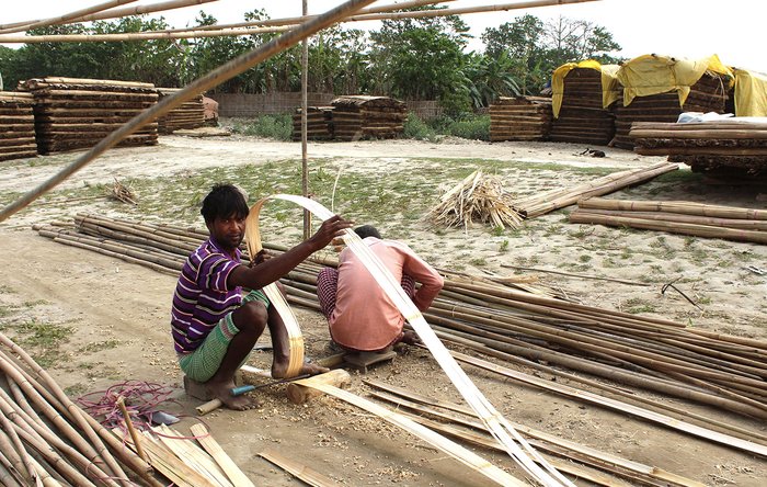 Each bamboo log is split into three parts – the top layer is very smooth and used in making bamboo walls; the middle layer is also used for walls, but it’s not so smooth; and the bottom layer is used as a filler in wooden plyboard