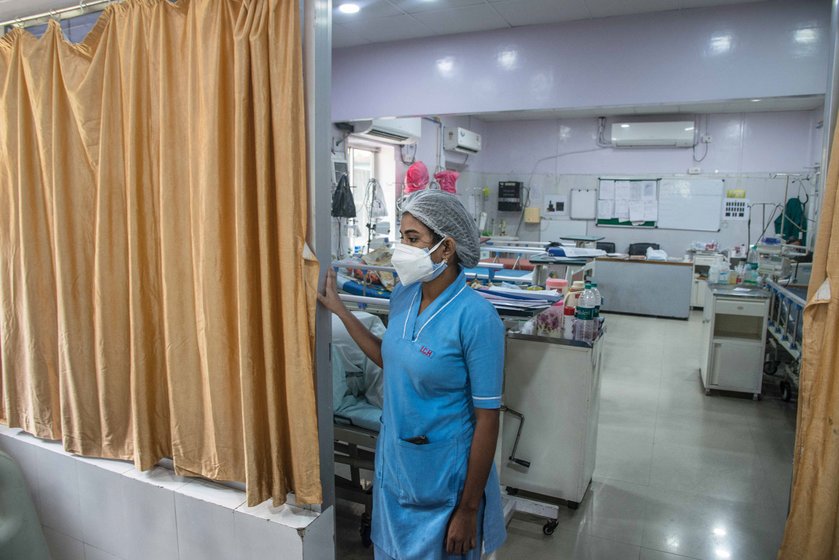 Left: A nurse in the Neonatal Intensive Care Unit (NICU). Despite seeing staff on duty falling to 40 per cent of normal, the hospital soldiers on in providing services for children-left. Right: Health worker hazards: Jayram Sen (name changed) of the ICH was not allowed, for several days, to take water from a community tap in his village in the South 24 Parganas

