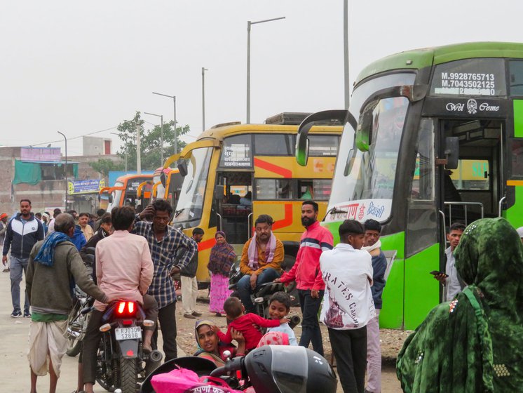 At the Timeda bus stand (left) in Kushalgarh, roughly 10-12 busses leave every day for Surat and big cities in Gujarat carrying labourers – either alone or with their families – looking for wage work