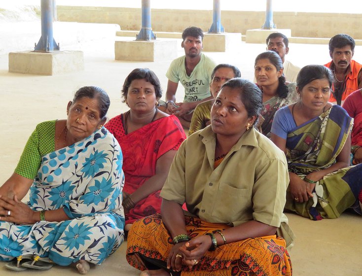 Madhugiri sanitation workers assembled to talk about the upcoming national elections. Sarojamma (front row right).