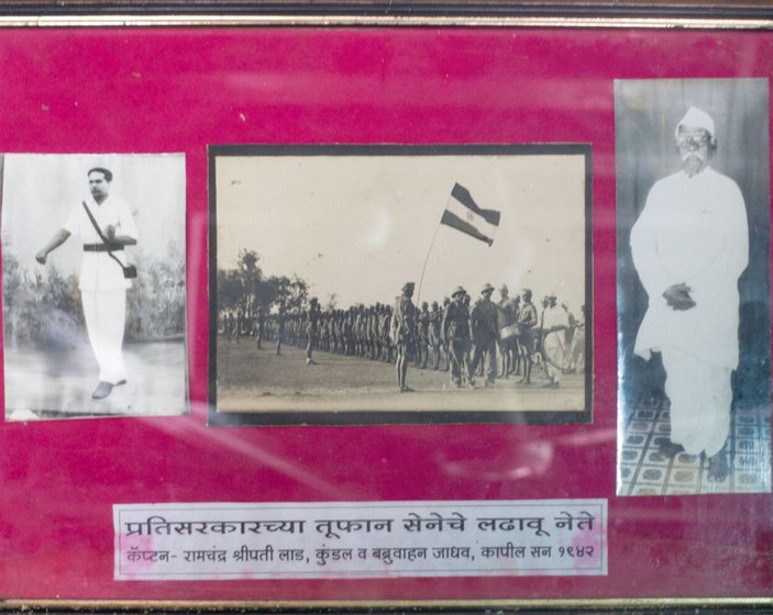 Left: Old photos of Toofan Sena and its leaders, Captain Bhau and Babruvahan Jadhav. Right: Captain Bhau with P. Sainath in Shenoli in 2016