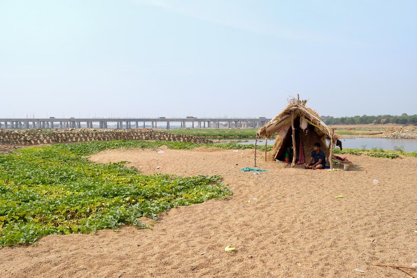 Left: Jagdish Chakradhari sitting in his hut beside his farm.