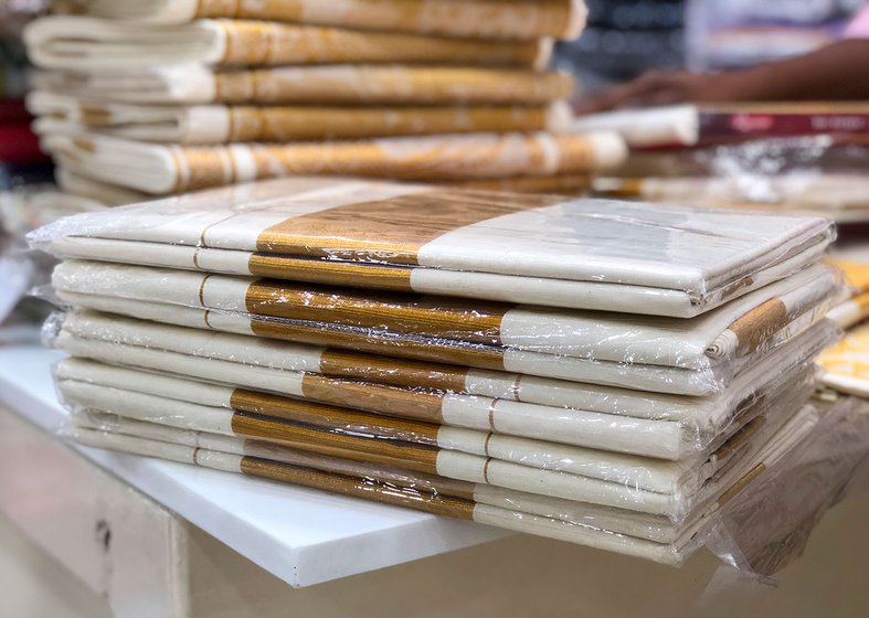 Settu sarees in a handloom shop in Kuthampully