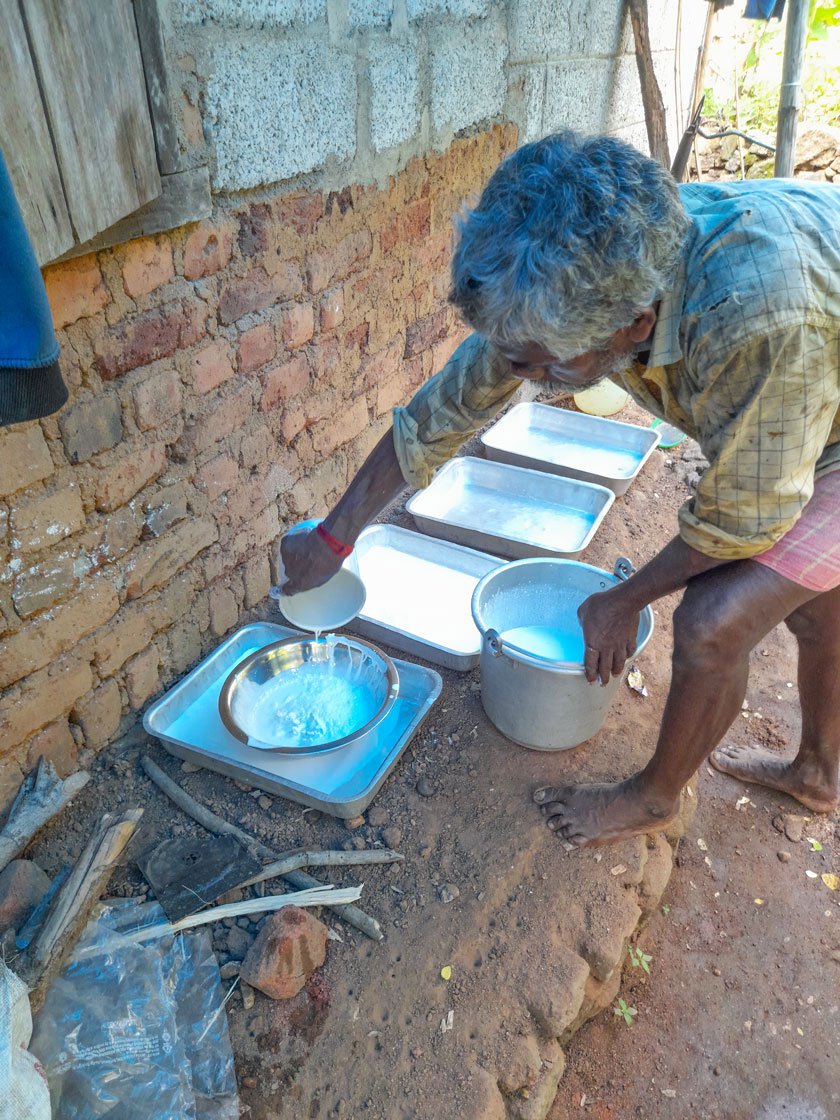 Srirangan pours the latex into the vessel using a filter (left); Leela mixes some acid in it (right) so that it coagulates.