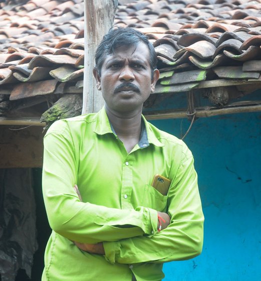 Left: Laxman Shahare has been migrating for work for more than 20 years. Right: Vijay Koreti with Humraj Bhoyar (centre) and Amar Netam (right) in Zashinagar

