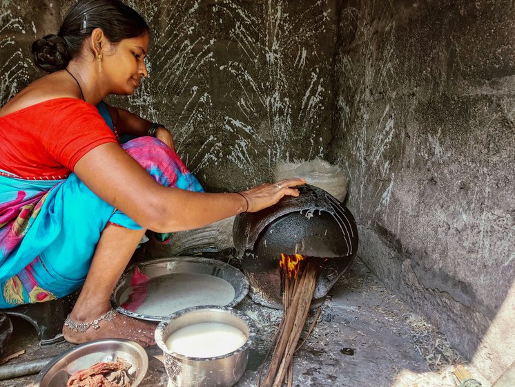 Left: To check if the papery film of rice has formed, Vijaya attempts to nudge it slowly with her fingers.