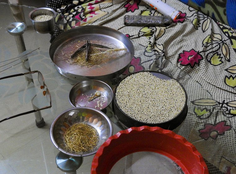 Left: The Satpati fish market was shifted from a crowded location to this open space near the jetty during the pandemic to maintain distancing. Right: In many families here, the women have taken up making jewellery on a piece-rate basis to supplement falling incomes