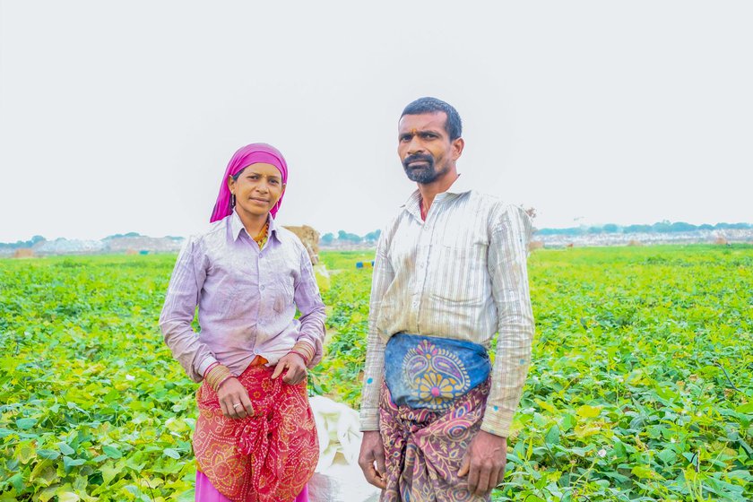 Left: Indraman Chakradhari and Rameshwari Chakradhari standing on their field.