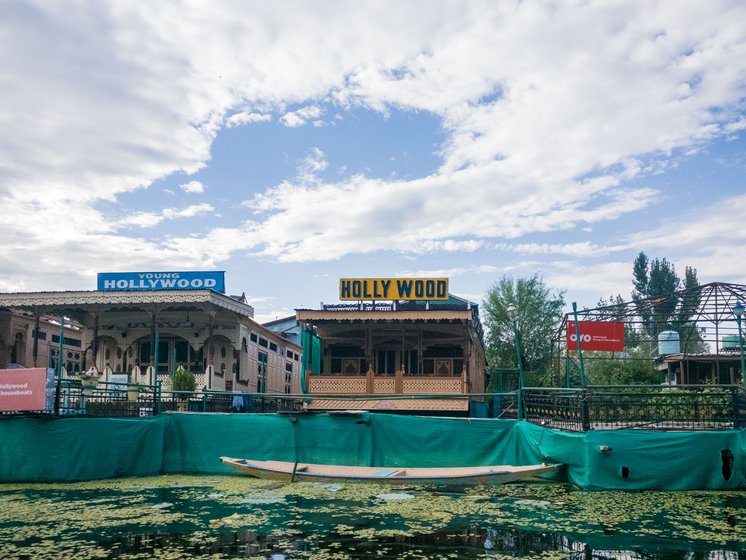 Left: Andleeb Fayaz Baba's father has been unable to sell vegetables by boat for months. Right: The houseboats have been empty this tourist season