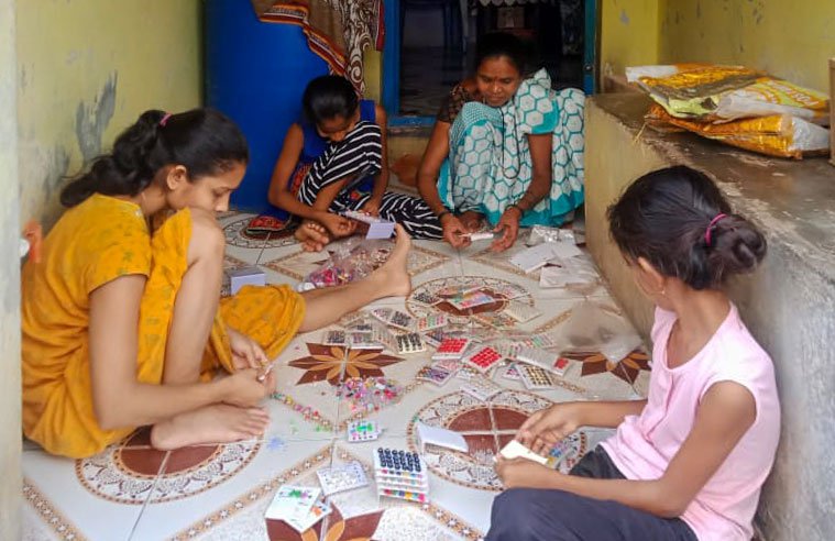 Left: The Satpati fish market was shifted from a crowded location to this open space near the jetty during the pandemic to maintain distancing. Right: In many families here, the women have taken up making jewellery on a piece-rate basis to supplement falling incomes