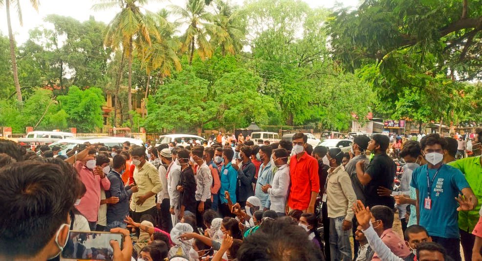 Left: Contractual health workers in Beed waiting to speak to the ministers on June 18. Right: The police charging with lathis