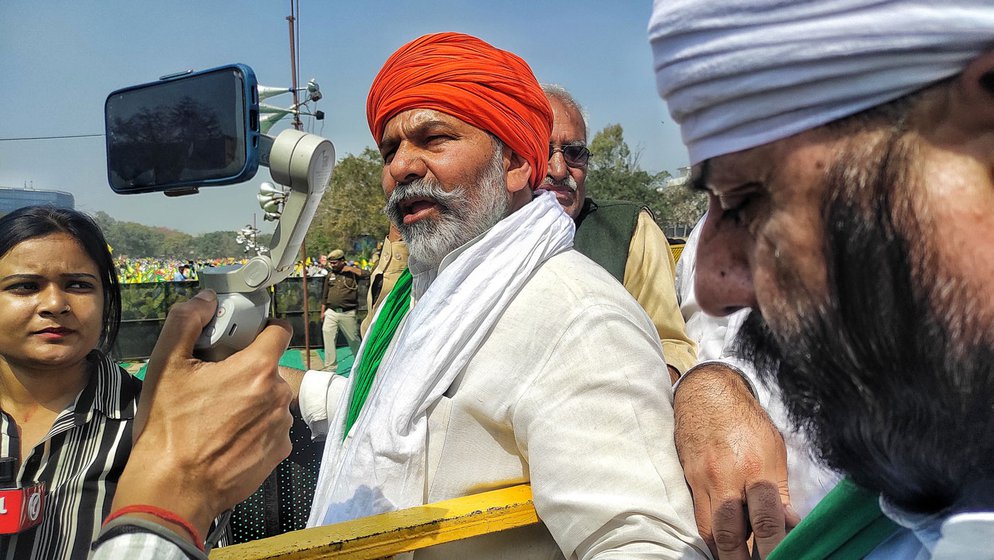 There were over 25 leaders of the Samyukta Kisan Morcha (SKM) and allied organisations on stage; Medha Patkar was present among the three women leaders there. Each spoke for 5 to 10 minutes on the need for a legal guarantee for MSP, as well as other demands. 'After January 22, 2021, the government has not talked to farmer organisations. When there haven’t been any talks, how will the issues be resolved?' asked Rakesh Tikait, SKM leader (right)