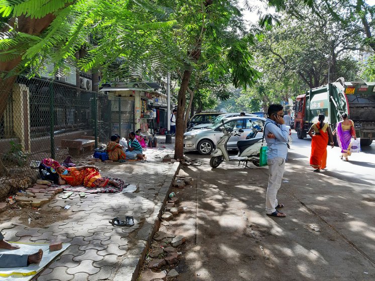 Left: Jamil Khan, who has oral cancer, moved to a distant relative's home in Nalasopara with his mother and siblings after the lockdown came into effect. They had lived on the street for seven months prior to that. Right: Cancer patients live out in the open opposite the hospital. With little food, water and sanitation, they are at a greater risk of contracting Covid-19