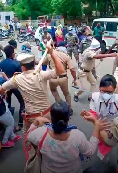 Left: Contractual health workers in Beed waiting to speak to the ministers on June 18. Right: The police charging with lathis