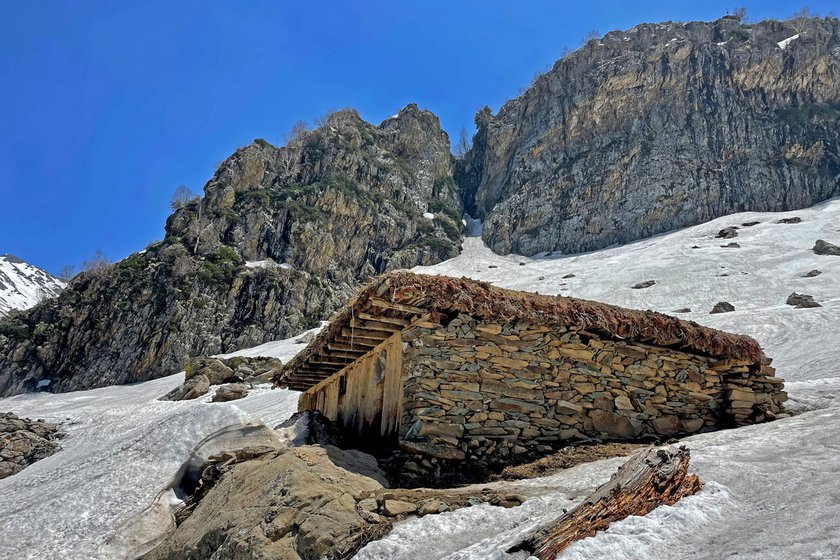 Right: A Bakerwal hut ( dok ) in Lidwas is still under snow even in late summer. Lidwas is a grazing ground and also base camp for climbing to Mahadev peak –Srinagar’s highest mountain at 3,966 metres