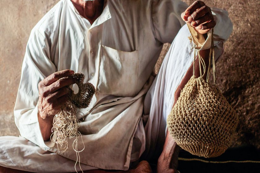 Right: He shows the beginning stages of making a jali and the final object.