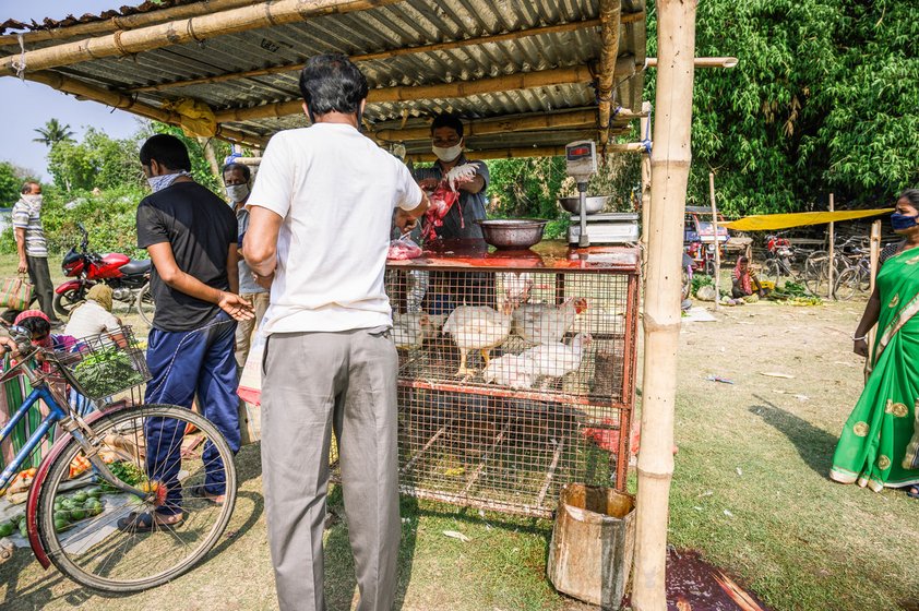 Left: Khakon Pramanick, 45, who sells chickens and sometimes migrates to other states to work at construction sites, is now struggling with a drop from both sources of income. Right: Bharat Halder, 62, was a mason’s helper before he started selling fish around three years ago, hoping to earn more. During the lockdown, his earnings have dropped from around Rs. 250 a day to less that Rs. 200, he says. The supply of fish is also uncertain. “Fish is no longer coming from Andhra Pradesh due to the lockdown,” he says. “So the local pond and river fish [in smaller quantities] are now sold here.”

