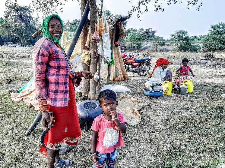 Uma Nishad is harvesting sweet potatoes in a field in Raka, a village in Rajnandgaon district of Chhattisgarh. Taking a break (right) with her family