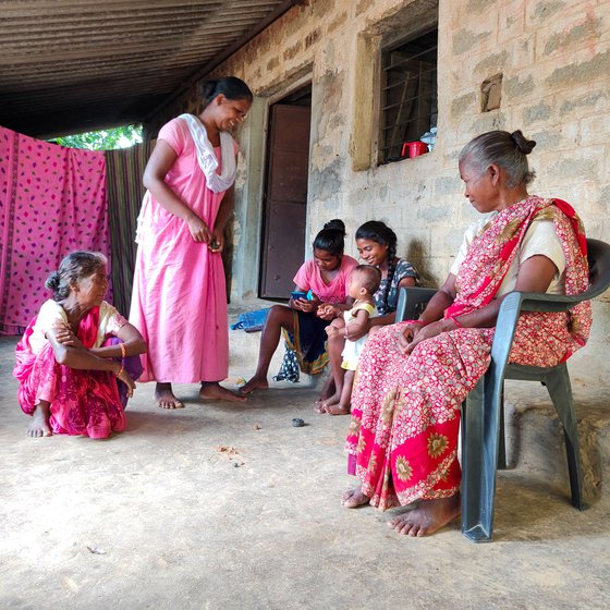 The verandah of Jolen's house, built with her savings, is used to make chatais and is also a gathering place for neighbours