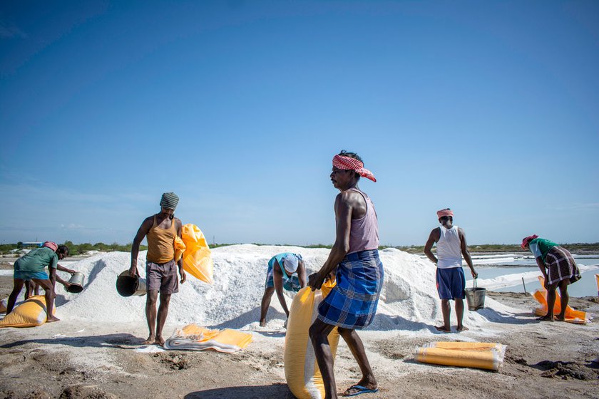 Life has always been hard, the salt workers say. They only get a brief break between work, to sip some tea, in their shadeless workplace