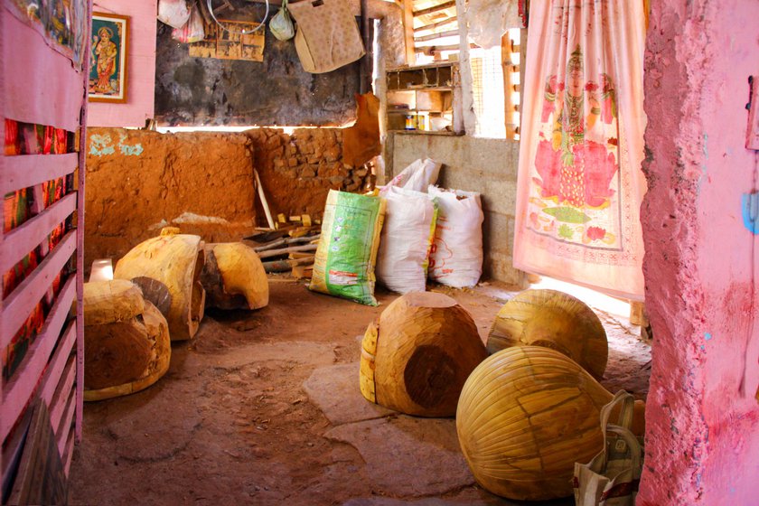 Left: Kudams (resonators) carved from jackfruit wood.