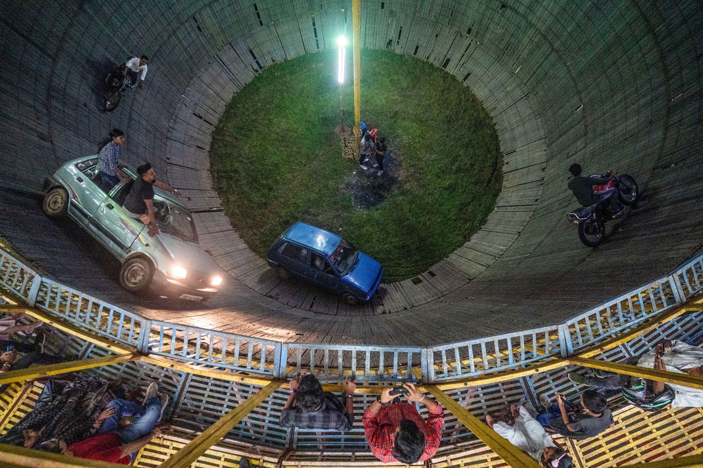 Each act, lasting 10 minutes each, involves at least riding two bikes and cars on the wall; sometimes three bikes are used as well