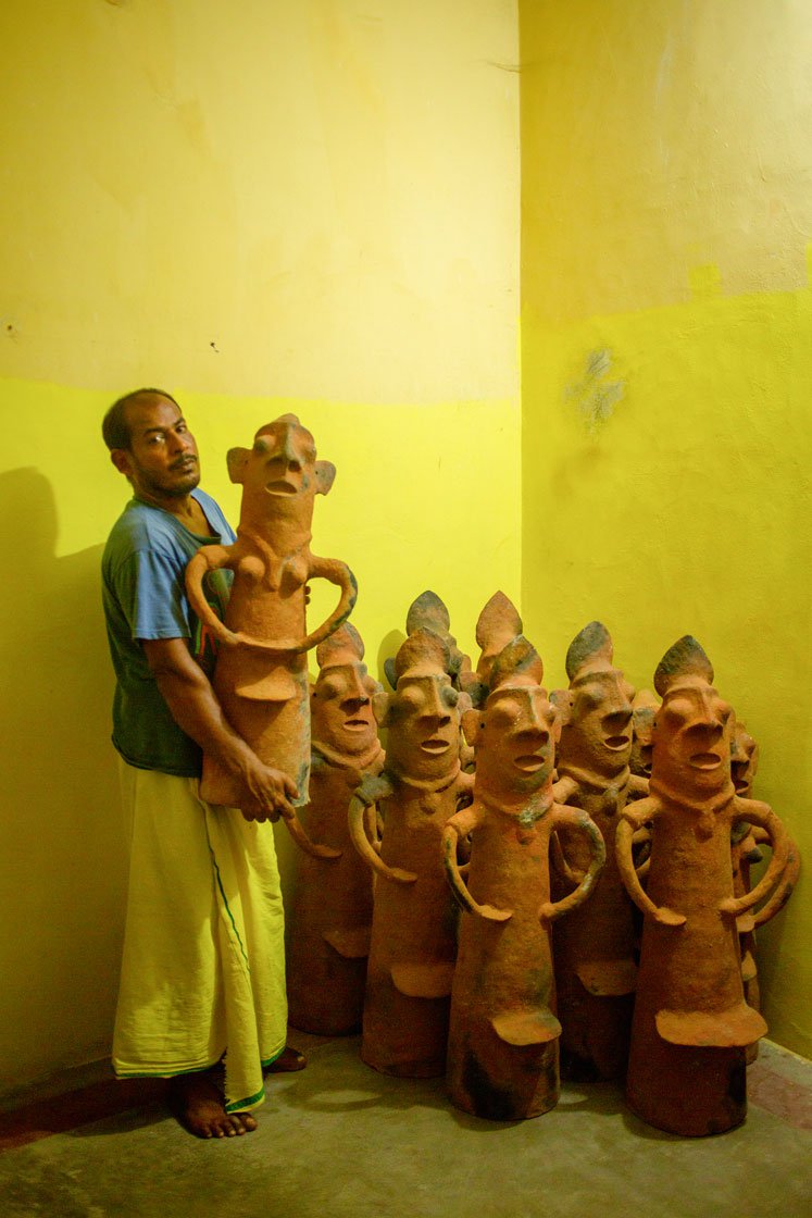 Right: Dilli anna displays his hard work. He is the only artisan who is making these idols for the fishing community around Athipattu