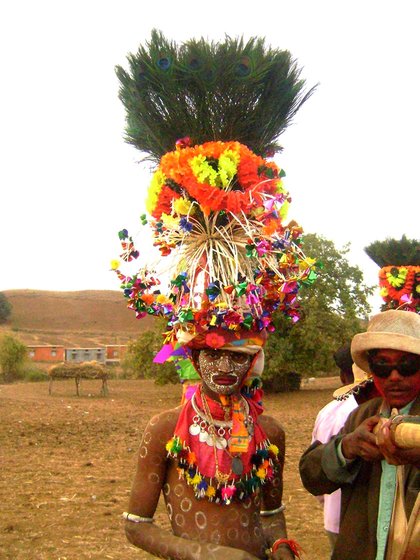 A Budliya, resplendent in fancy attire – this is a character in a group dance called Goth that is enacted just after the Holi festival in March