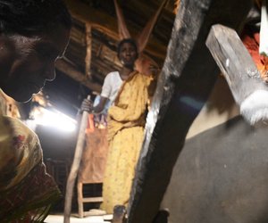 Women working on husking pedals