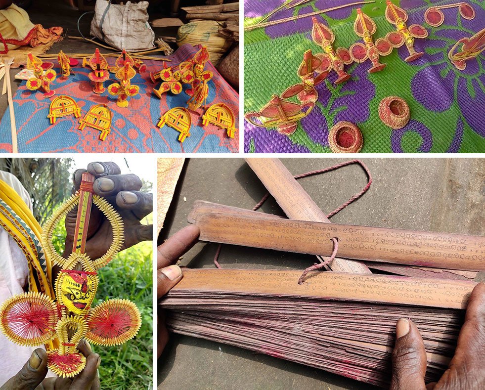 Top row: The paddy craft is a tradition inherited from their forefathers, say the Debgurus –they make altars, urns, toy-sized chariots and more. Bottom left:  Gopinath holds up an idol of Laxmi he's made. Bottom right: A palm-leaf manuscript of the Laxmi Purana, which is passed down the generations