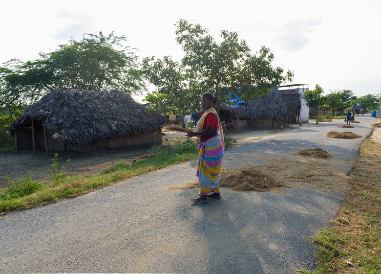 At times, the wages the Irula women count on withdrawing from their accounts fall short, as it did for K. Govindammal  (left) when she constructed a house under the Pradhan Mantri Awas Yojana, and has been the experience of other women too in this small hamlet of Irulas (right)