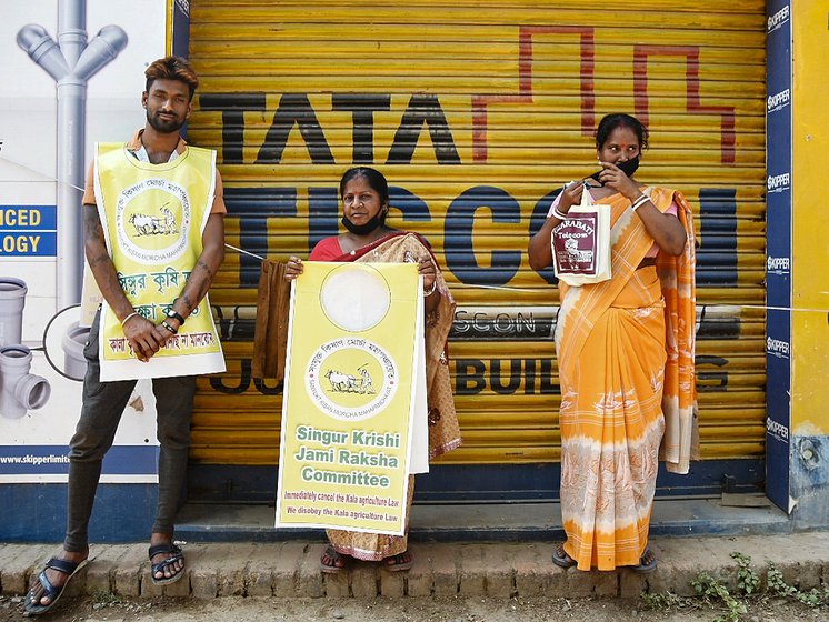 Left: Kalyani Das, Swati Adak and Sontu Das walked to the meeting from Bara Kamalapura, around 10 kilometers away. Middle: Lichu Mahato, a daily wage labourer, said: 'I have come here to know about the farm laws. My life is already in a bad shape and I don't want it to worsen further'. Right: Parminder Kaur and her sister-in-law Manjeet Kaur: 'We haven't come to Singur to support any political party, we have come for our farmers'