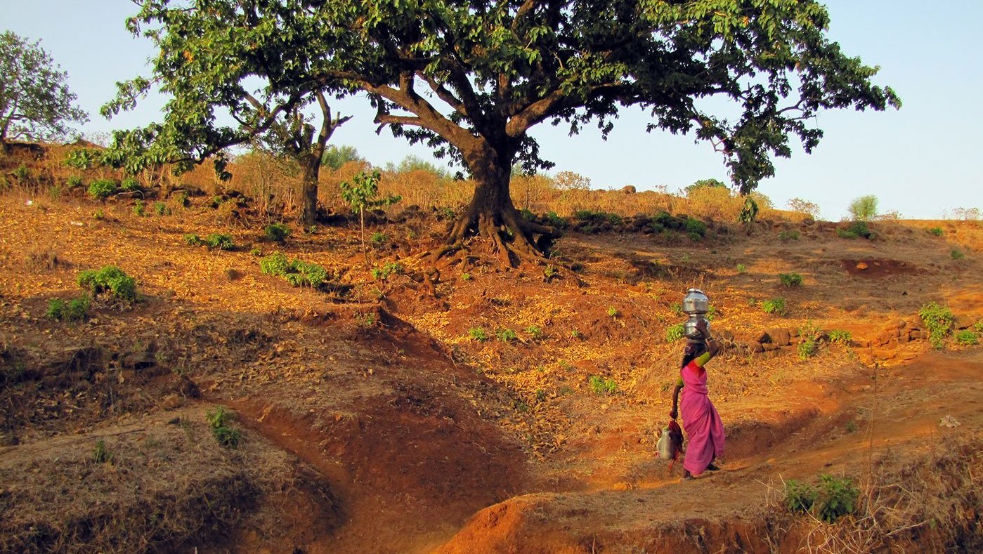 Woman carrying pots of water across open field