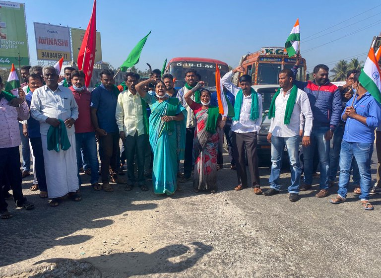 Left: Gajendra Rao, a cab driver in Bengaluru, joined the protestors in Bidadi. Right: Farmers' groups came in buses, tractors and cars