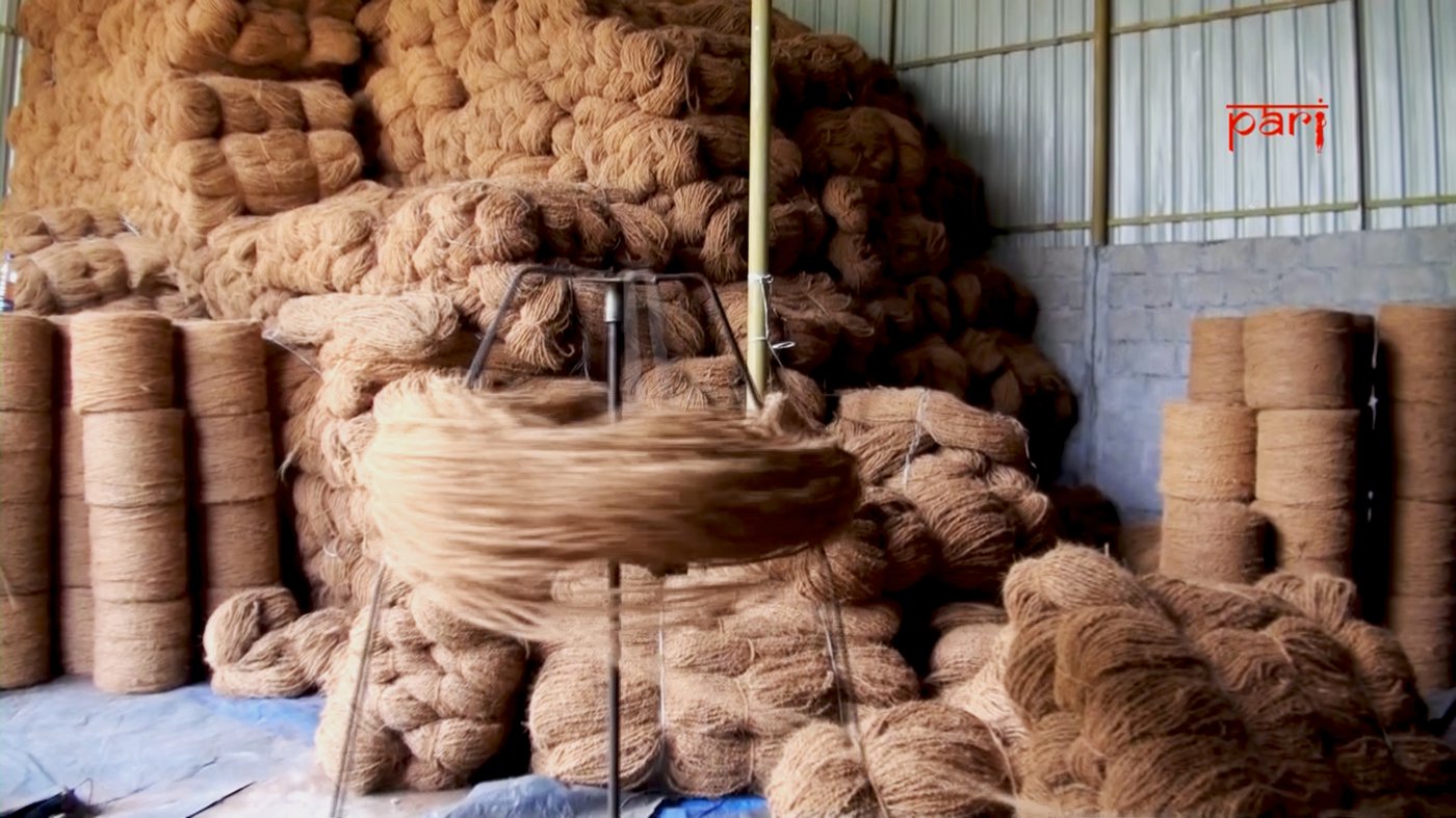 Making coir out of coconut husk